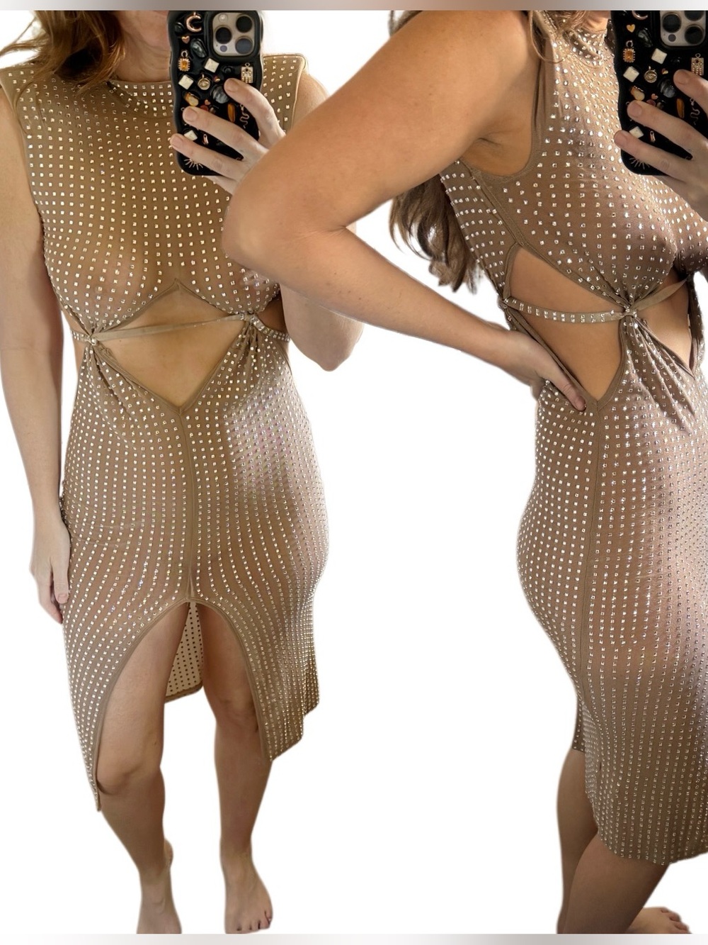 New disco Rhinestone Embellished Cutout Midi Dress - Nude Sz smal stretch